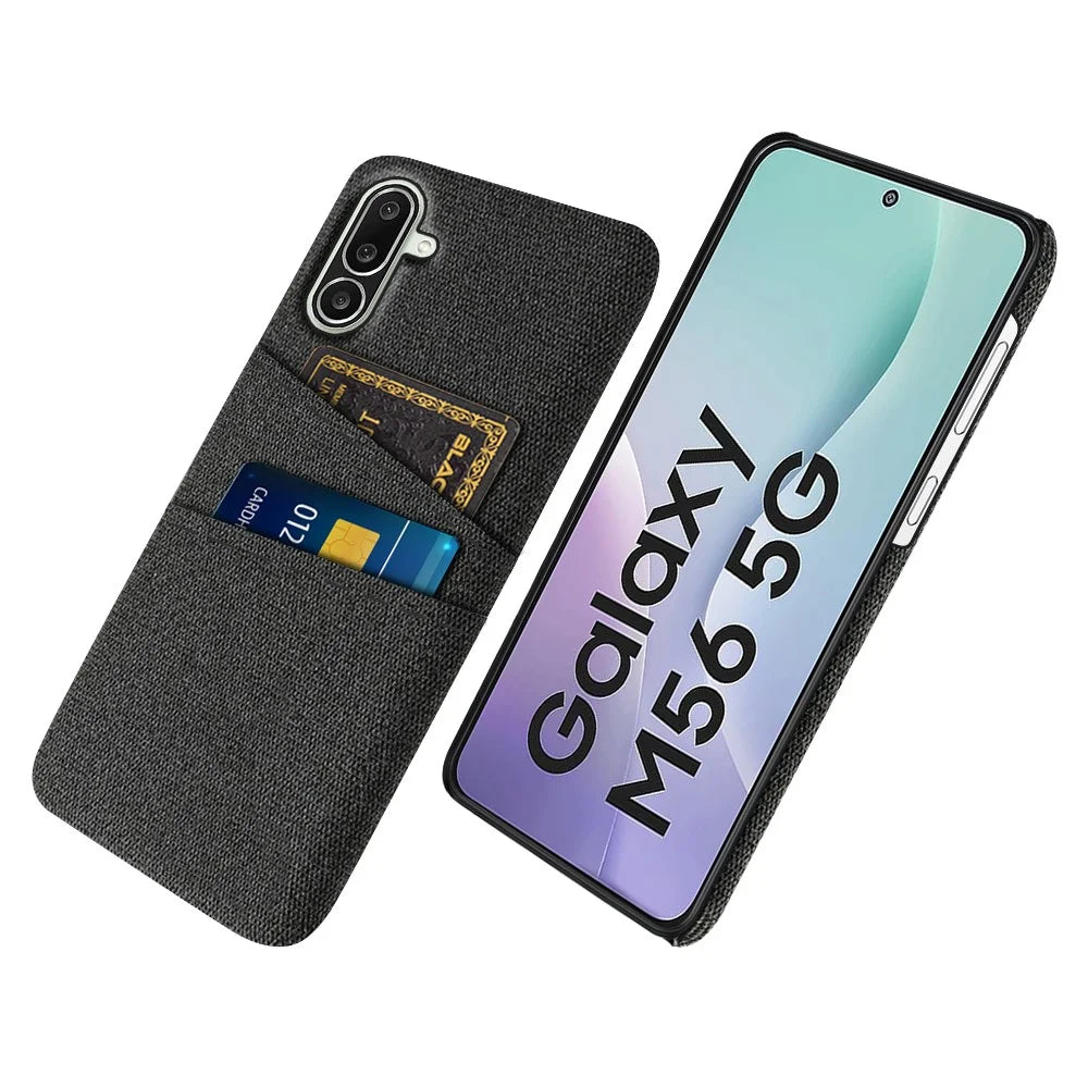 For Samsung Galaxy M56 5G Case Cloth + Hard PC Phone Cover with Dual Card Slots - Black - 1