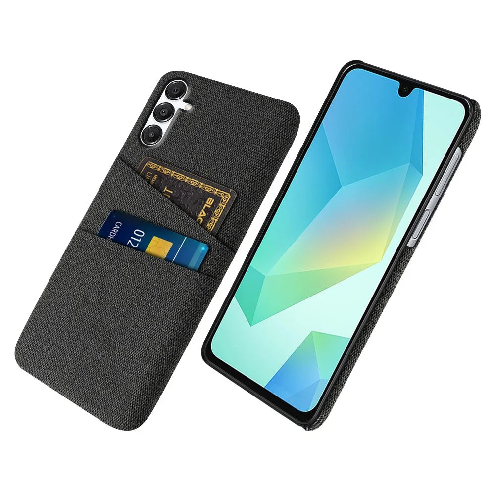 For Samsung Galaxy A18 5G / A18 4G / A17 5G / A17 4G Case Cloth + Hard PC Phone Cover with Dual Card Slots - Black - 1