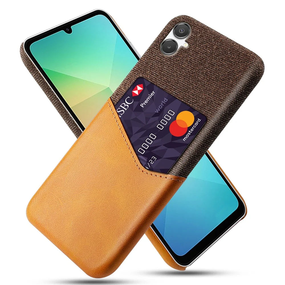 For Samsung Galaxy A07 4G Case PU Leather Cloth Texture Hard PC Phone Cover with Card Holder - Orange - 1