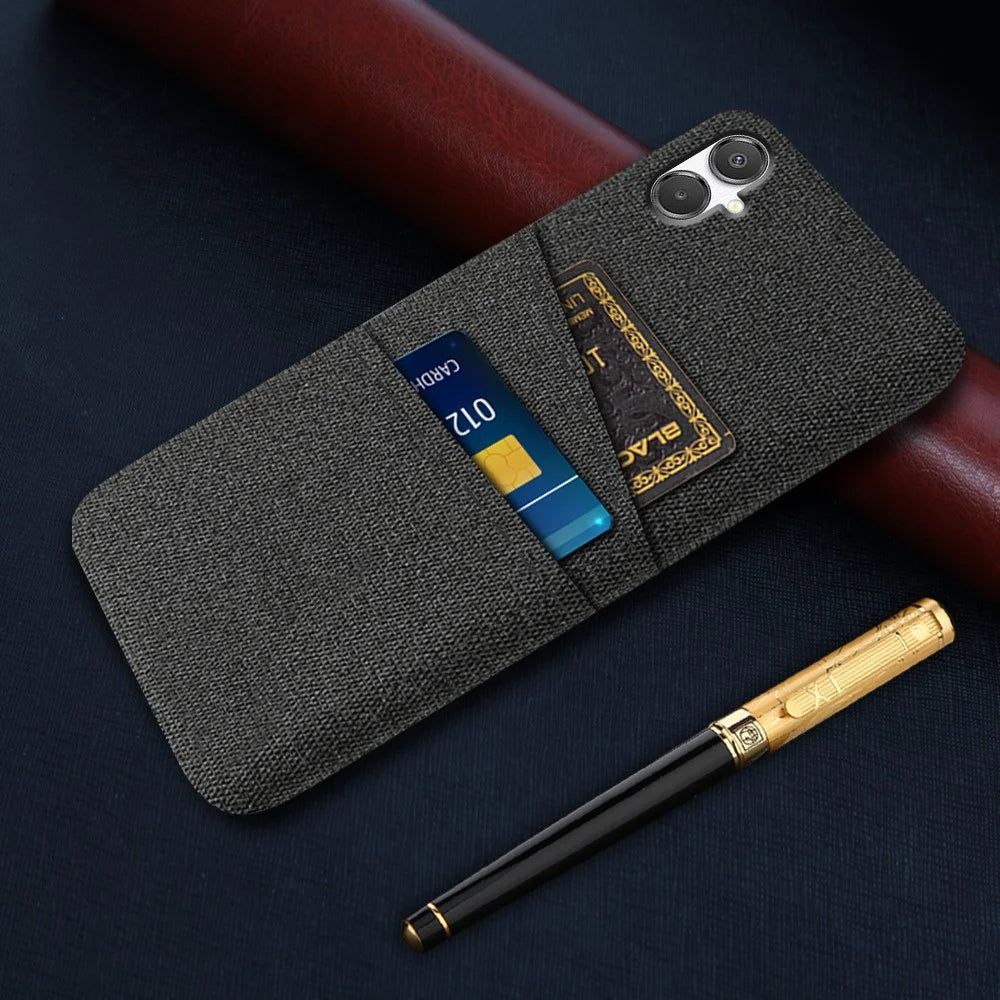For Samsung Galaxy A07 4G Case Cloth + Hard PC Phone Cover with Dual Card Slots - Black - 5
