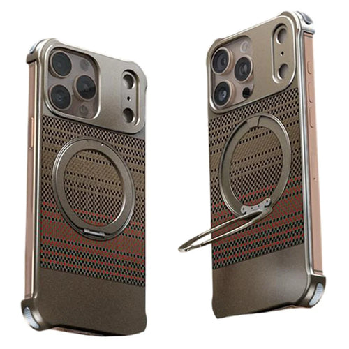 For iPhone 15 Pro Max Magnetic Case Borderless Carbon Fiber Texture PU Metal Phone Cover with Kickstand - Sunset - 1