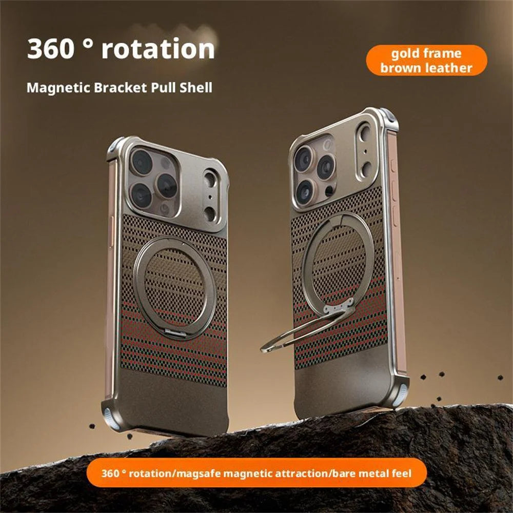 For iPhone 15 Pro Max Magnetic Case Borderless Carbon Fiber Texture PU Metal Phone Cover with Kickstand - Sunset - 2