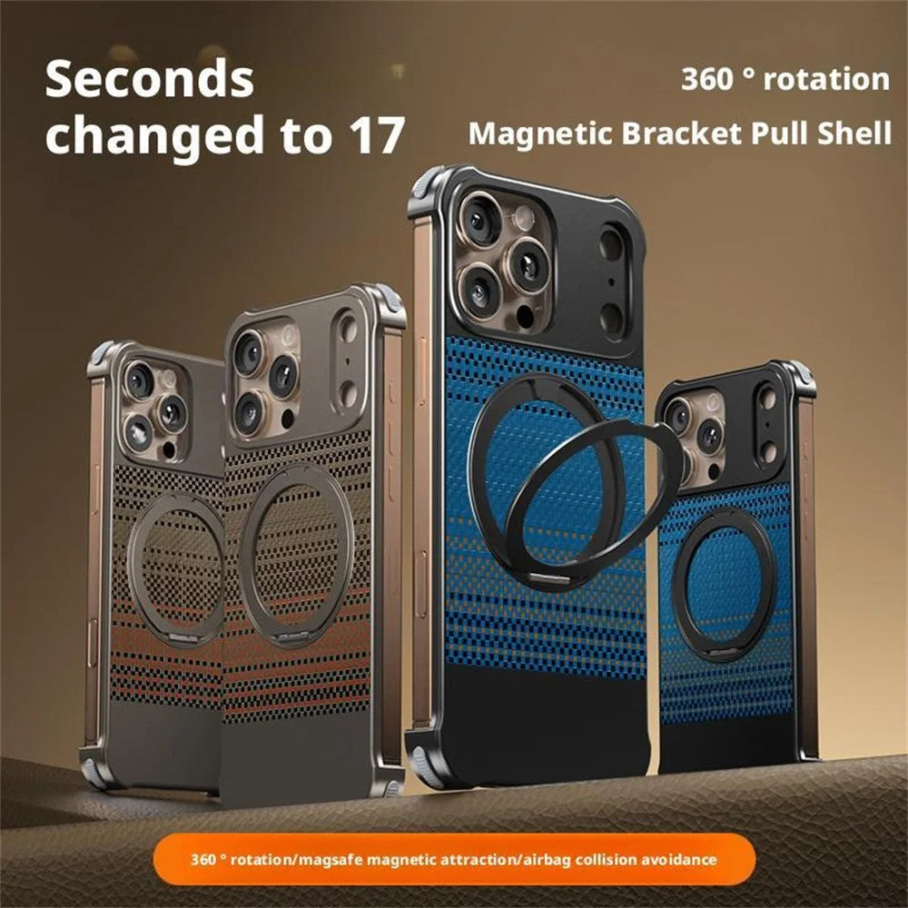 For iPhone 15 Pro Max Magnetic Case Borderless Carbon Fiber Texture PU Metal Phone Cover with Kickstand - Sunset - 3