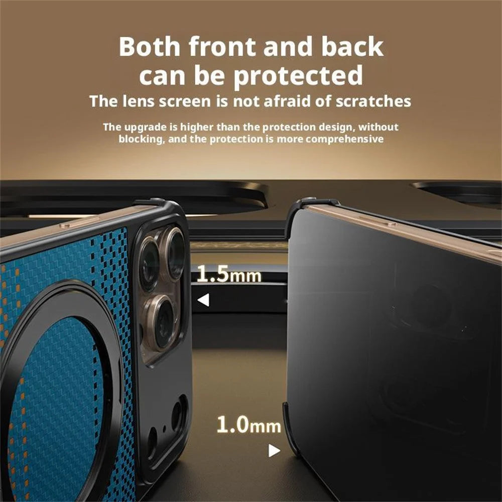 For iPhone 15 Pro Max Magnetic Case Borderless Carbon Fiber Texture PU Metal Phone Cover with Kickstand - Sunset - 4