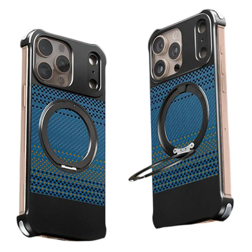 For iPhone 14 Pro Max Magnetic Case Borderless Carbon Fiber Texture PU Metal Phone Cover with Kickstand - Moonrise - 1