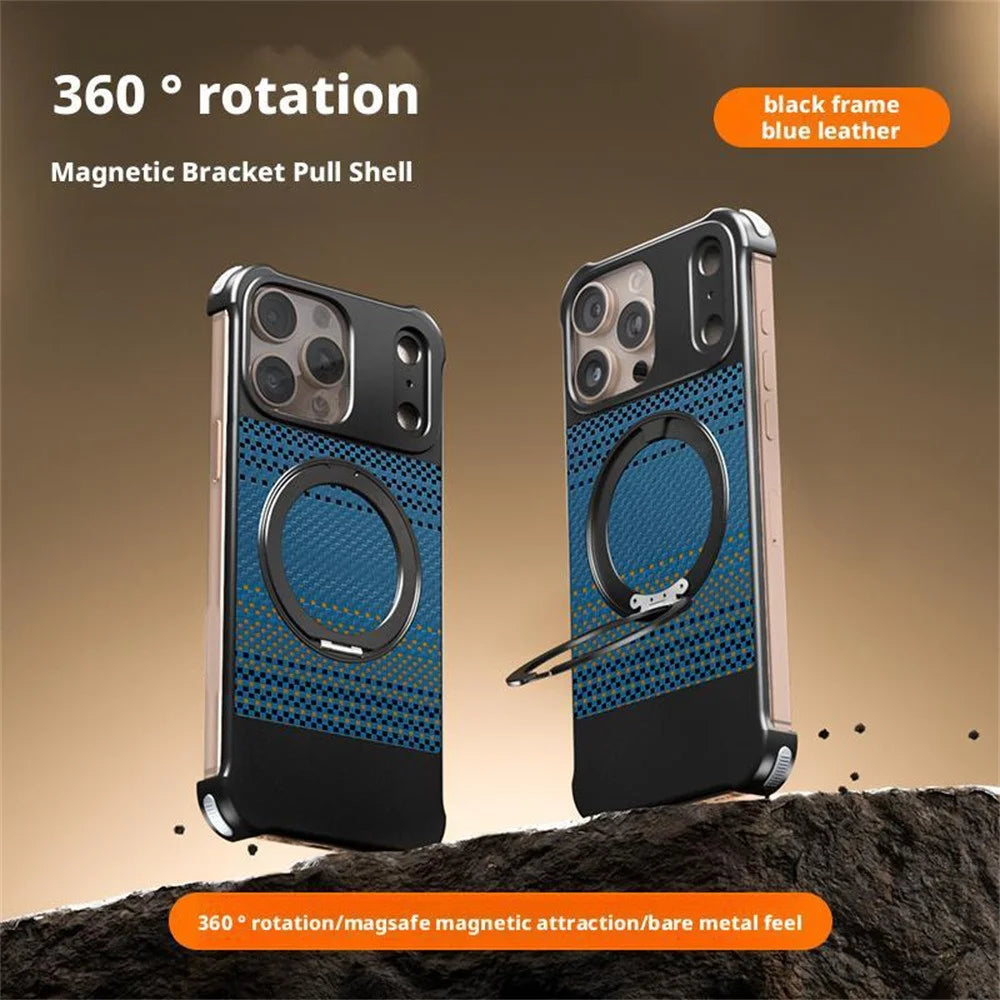 For iPhone 14 Pro Max Magnetic Case Borderless Carbon Fiber Texture PU Metal Phone Cover with Kickstand - Moonrise - 2