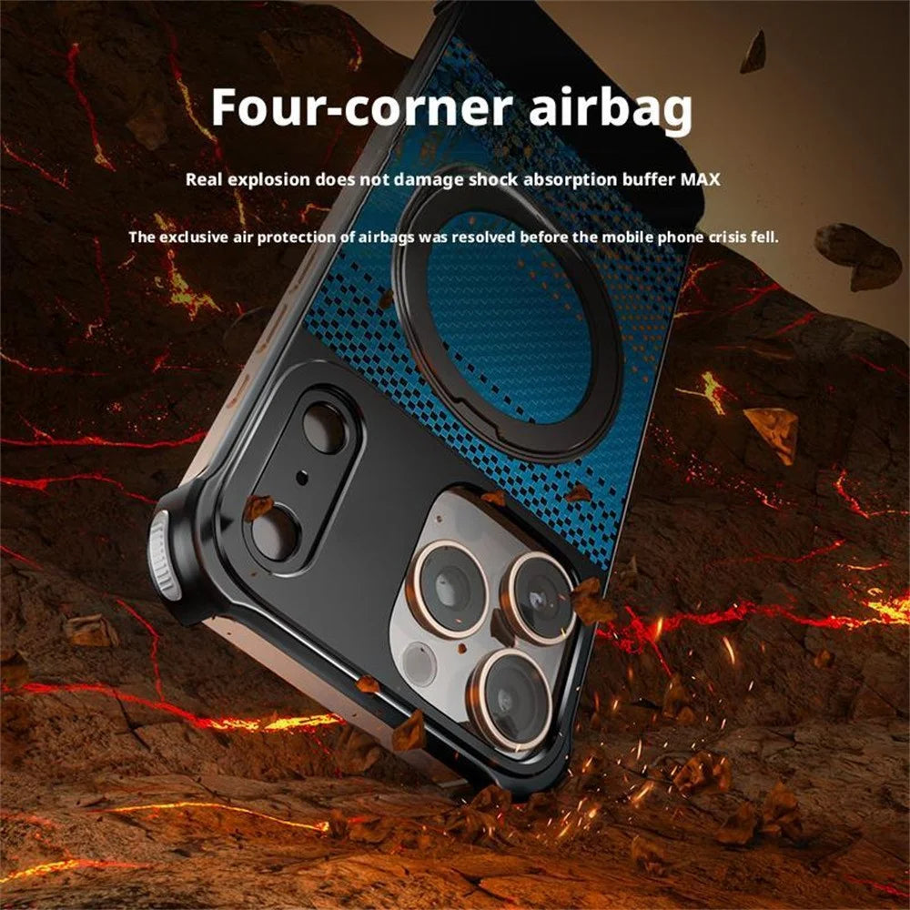 For iPhone 14 Pro Max Magnetic Case Borderless Carbon Fiber Texture PU Metal Phone Cover with Kickstand - Moonrise - 4