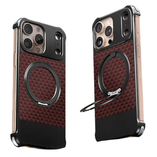 For iPhone 16 Pro Max Magnetic Case Borderless Textured PU + Metal Kickstand Phone Cover - Red - 1