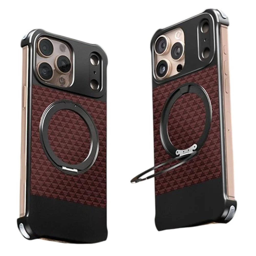 For iPhone 16 Pro Max Magnetic Case Borderless Textured PU + Metal Kickstand Phone Cover - Red - 1