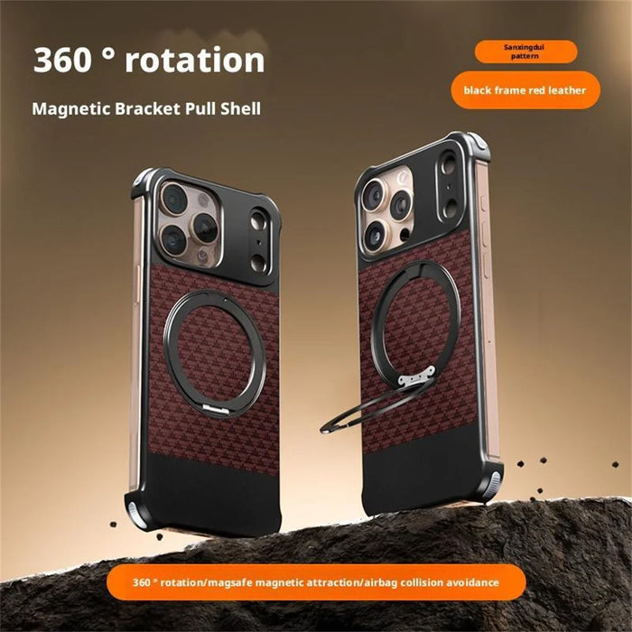 For iPhone 16 Pro Max Magnetic Case Borderless Textured PU + Metal Kickstand Phone Cover - Red - 2