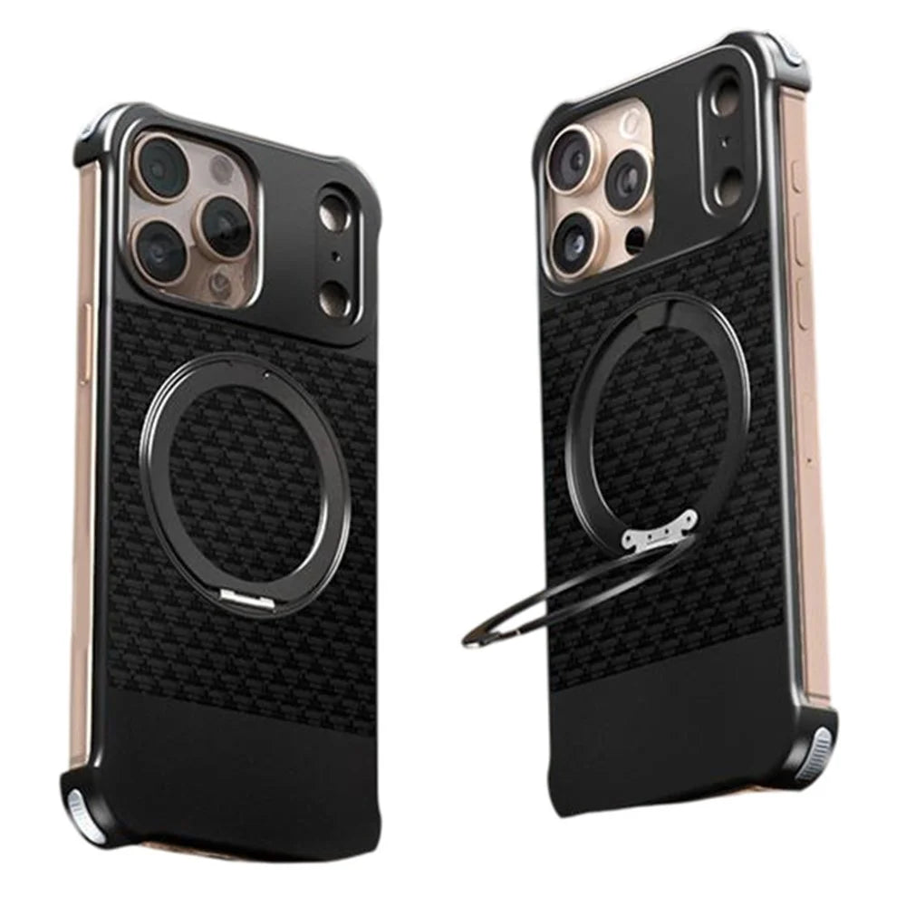 For iPhone 15 Pro Max Magnetic Case Borderless Textured PU + Metal Kickstand Phone Cover - Black - 1
