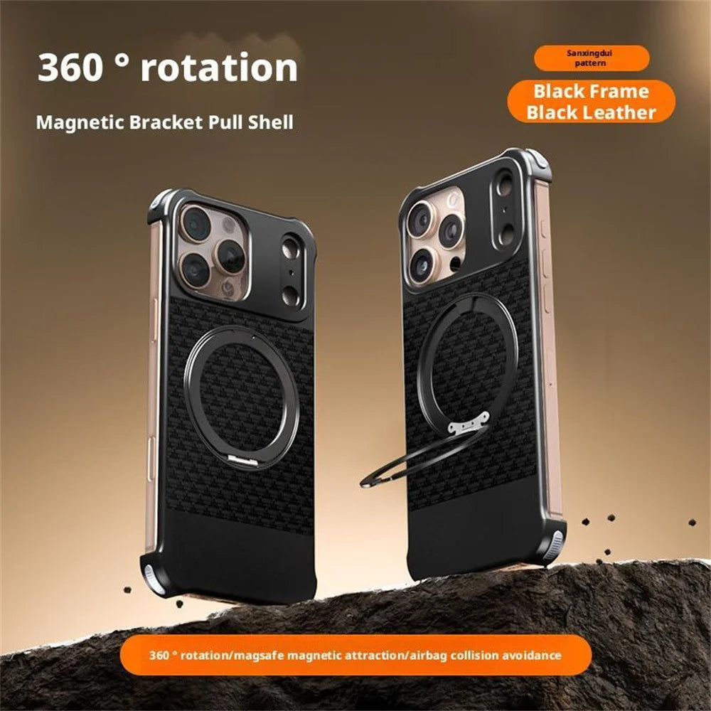For iPhone 15 Pro Max Magnetic Case Borderless Textured PU + Metal Kickstand Phone Cover - Black - 2