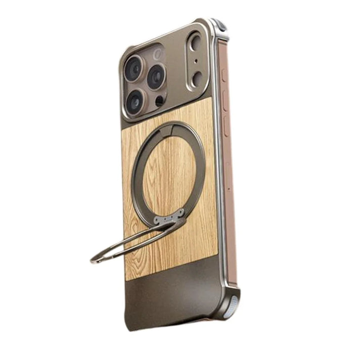 For iPhone 15 Pro Max Magnetic Case Borderless Walnut + Metal Kickstand Phone Cover - Light Wood Grain - 1