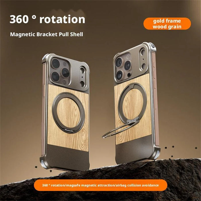 For iPhone 15 Pro Max Magnetic Case Borderless Walnut + Metal Kickstand Phone Cover - Light Wood Grain - 2