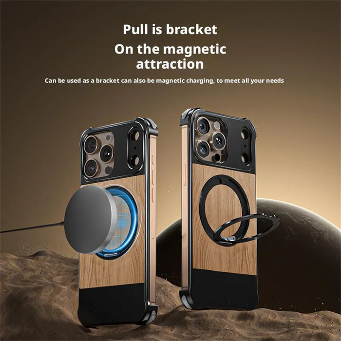For iPhone 15 Pro Max Magnetic Case Borderless Walnut + Metal Kickstand Phone Cover - Light Wood Grain - 7