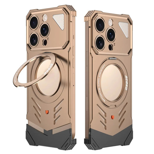 DYONG For iPhone 16 Pro Max Metal Case Frameless Hollow Heat Dissipation Phone Cover with Kickstand - Titanium Gold - 1