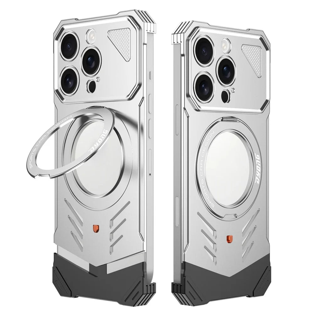 DYONG For iPhone 16 Pro Metal Case Frameless Hollow Heat Dissipation Phone Cover with Kickstand - Silver - 1