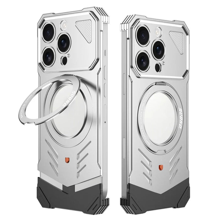 DYONG For iPhone 16 Pro Metal Case Frameless Hollow Heat Dissipation Phone Cover with Kickstand - Silver - 1