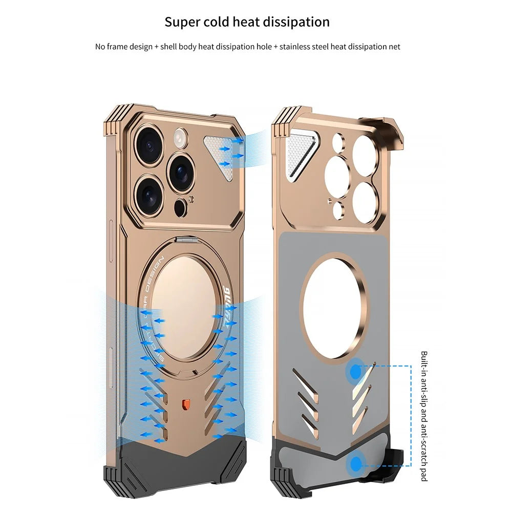 DYONG For iPhone 16 Pro Metal Case Frameless Hollow Heat Dissipation Phone Cover with Kickstand - Silver - 3
