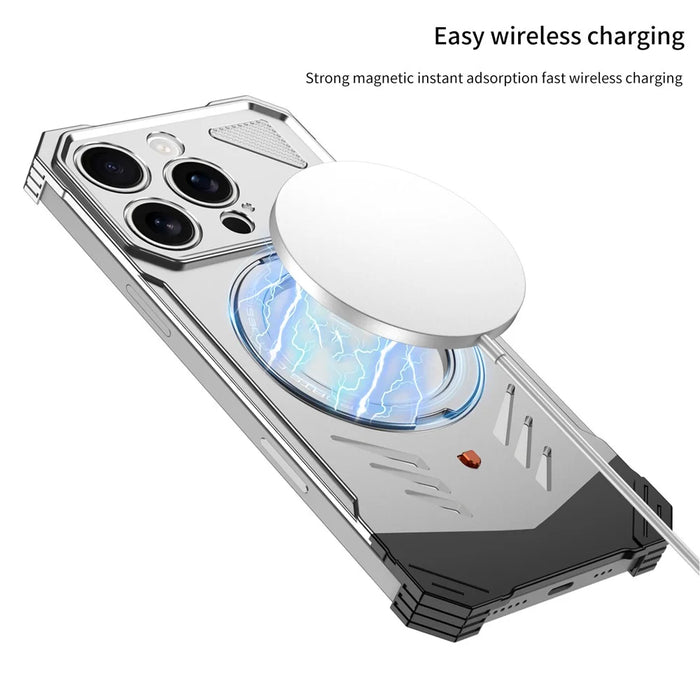 DYONG For iPhone 16 Pro Metal Case Frameless Hollow Heat Dissipation Phone Cover with Kickstand - Silver - 4