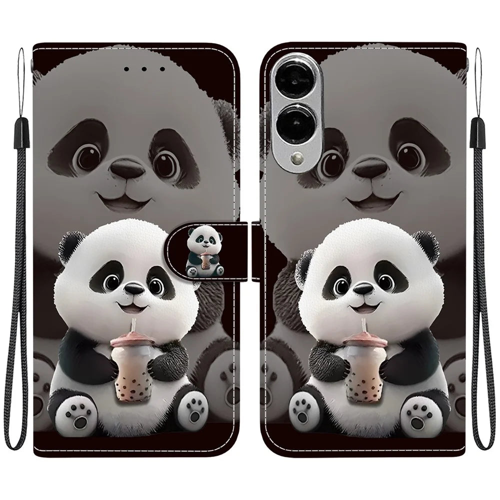 For Samsung Galaxy S25 Edge Leather Case Stand Wallet Pattern Printing Phone Cover with Wrist Strap - Milk Tea Panda - 1