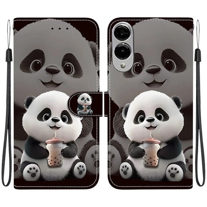 For Samsung Galaxy S25 Edge Leather Case Stand Wallet Pattern Printing Phone Cover with Wrist Strap - Milk Tea Panda - 1