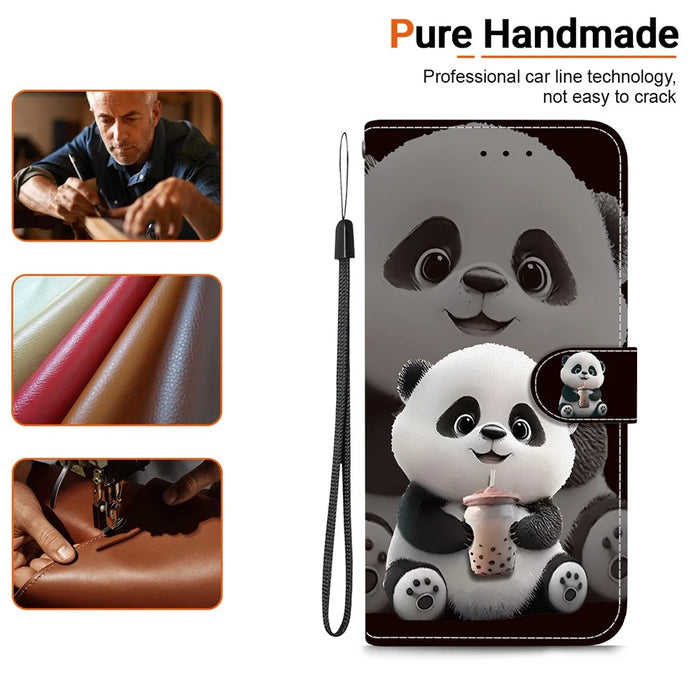 For Samsung Galaxy S25 Edge Leather Case Stand Wallet Pattern Printing Phone Cover with Wrist Strap - Milk Tea Panda - 6