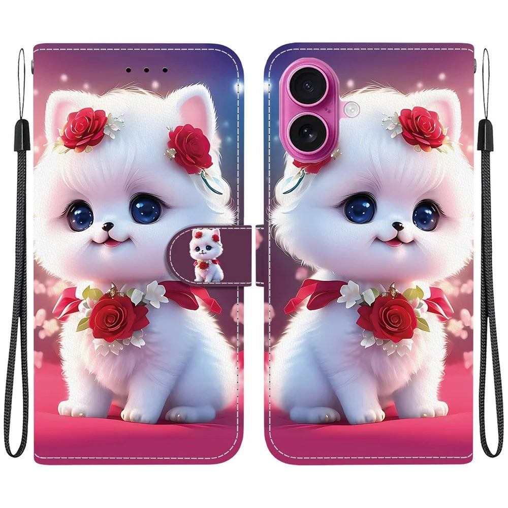 For iPhone 17 Leather Case Stand Wallet Pattern Printing Phone Cover with Wrist Strap - Rose Cat - 1