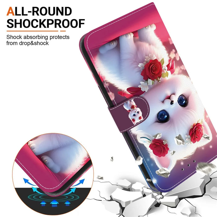 For iPhone 17 Leather Case Stand Wallet Pattern Printing Phone Cover with Wrist Strap - Rose Cat - 5