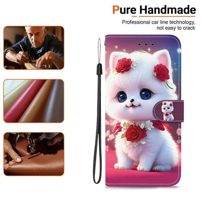 For iPhone 17 Leather Case Stand Wallet Pattern Printing Phone Cover with Wrist Strap - Rose Cat - 6
