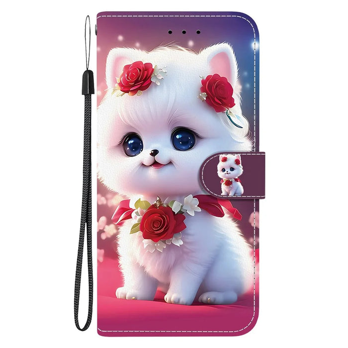 For iPhone 17 Leather Case Stand Wallet Pattern Printing Phone Cover with Wrist Strap - Rose Cat - 7
