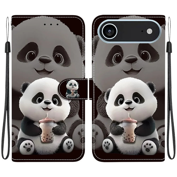 For iPhone Air Leather Case Stand Wallet Pattern Printing Phone Cover with Wrist Strap - Milk Tea Panda - 1
