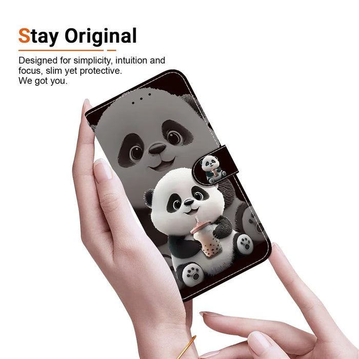 For iPhone Air Leather Case Stand Wallet Pattern Printing Phone Cover with Wrist Strap - Milk Tea Panda - 4