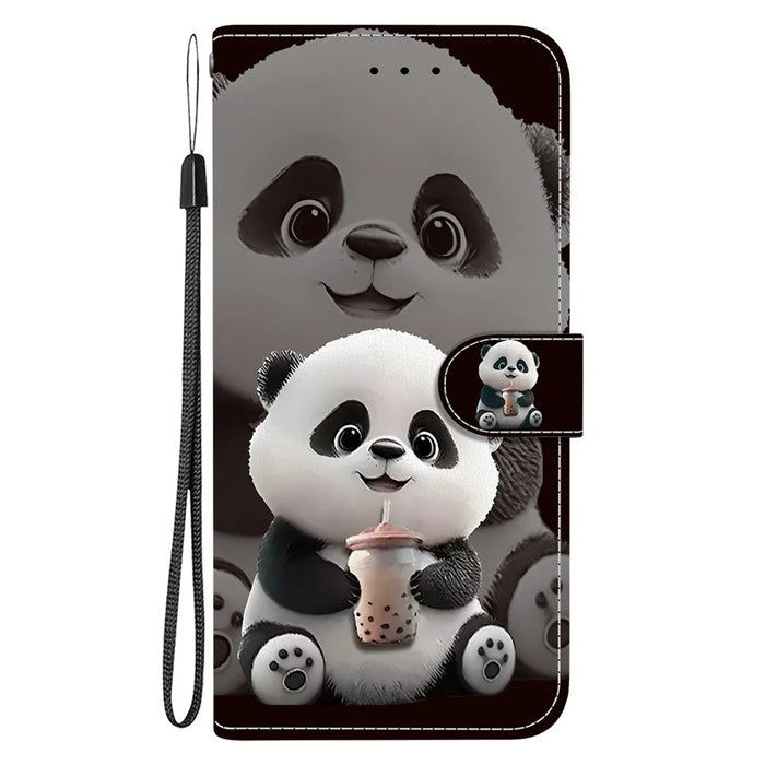 For iPhone Air Leather Case Stand Wallet Pattern Printing Phone Cover with Wrist Strap - Milk Tea Panda - 7