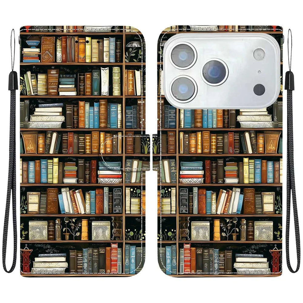 For iPhone 18 Pro / 17 Pro Leather Case Stand Wallet Pattern Printing Phone Cover with Wrist Strap - Bookshelf - 1