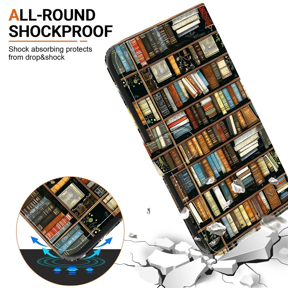 For iPhone 18 Pro / 17 Pro Leather Case Stand Wallet Pattern Printing Phone Cover with Wrist Strap - Bookshelf - 5