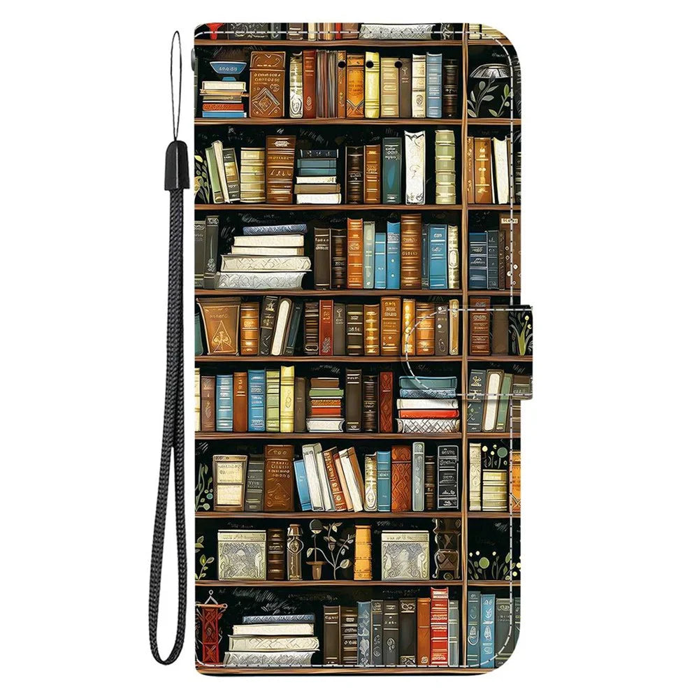 For iPhone 18 Pro / 17 Pro Leather Case Stand Wallet Pattern Printing Phone Cover with Wrist Strap - Bookshelf - 7