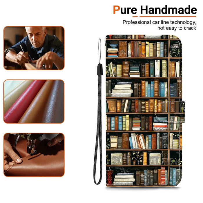 For iPhone 18 Pro Max / 17 Pro Max Leather Case Stand Wallet Pattern Printing Phone Cover with Wrist Strap - Bookshelf - 6