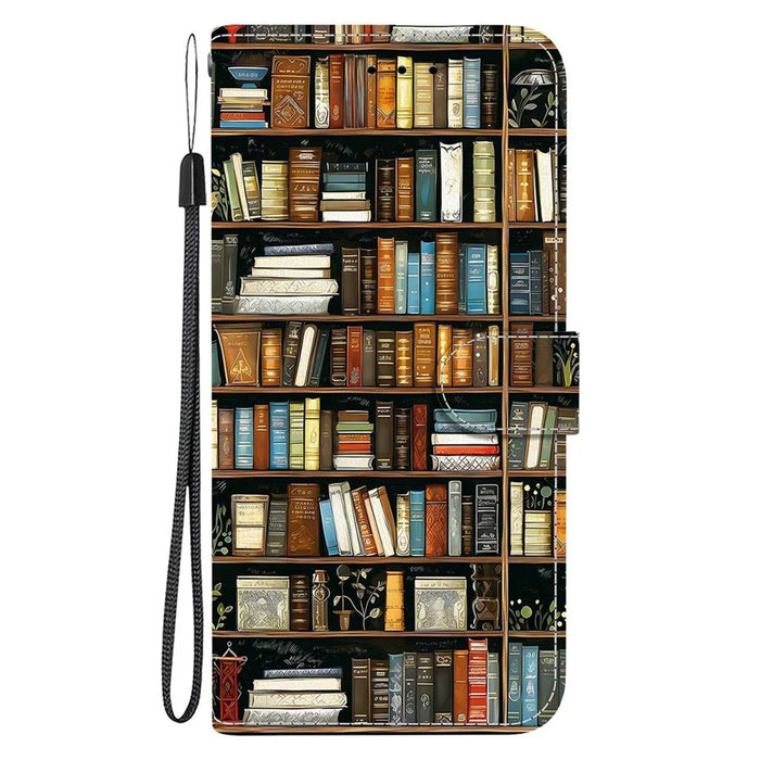 For iPhone 18 Pro Max / 17 Pro Max Leather Case Stand Wallet Pattern Printing Phone Cover with Wrist Strap - Bookshelf - 7