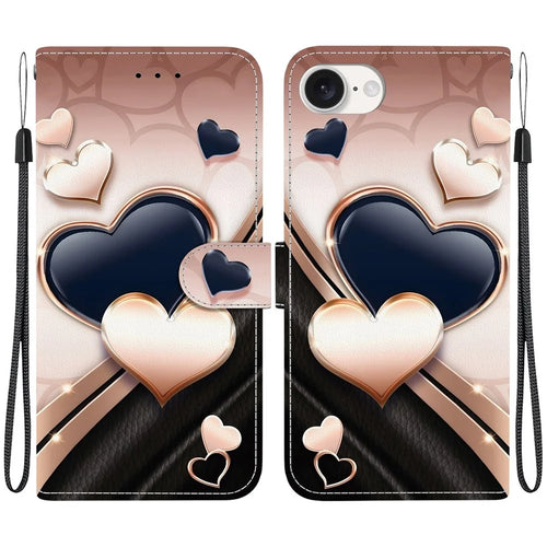 For iPhone 17e / 16e Leather Case Stand Wallet Pattern Printing Phone Cover with Wrist Strap - Love - 1