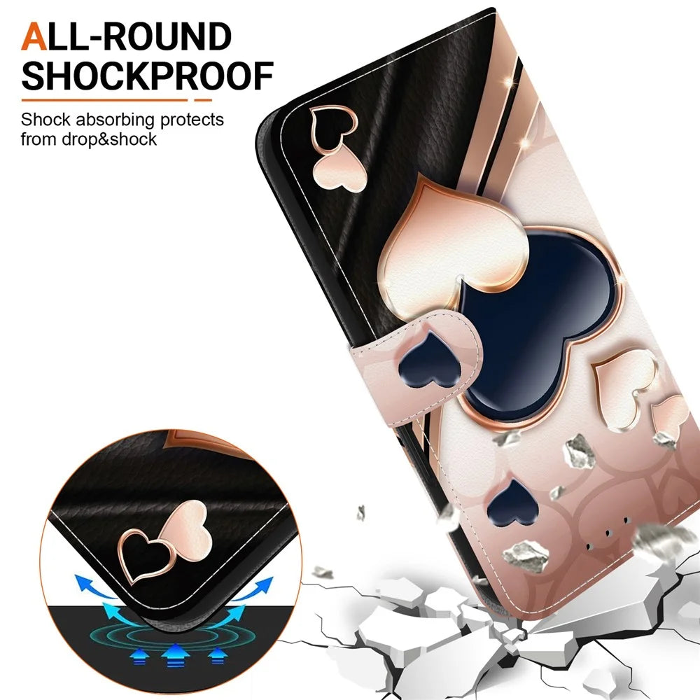 For iPhone 17e / 16e Leather Case Stand Wallet Pattern Printing Phone Cover with Wrist Strap - Love - 5