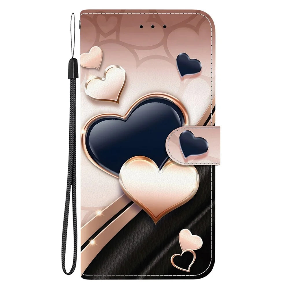 For iPhone 17e / 16e Leather Case Stand Wallet Pattern Printing Phone Cover with Wrist Strap - Love - 7
