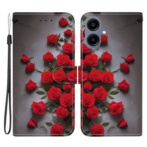 Leather Case For Samsung Galaxy A08 5G / A08 4G / A07 5G / A07 4G / A06 5G / A06 4G Stand Wallet Pattern Printing Phone Cover with Wrist Strap - Red Rose - 1