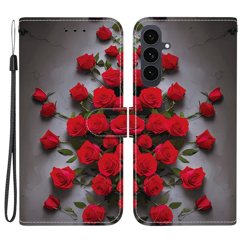 For Samsung Galaxy S25 FE Leather Case Stand Wallet Pattern Printing Phone Cover with Wrist Strap - Red Rose - 1