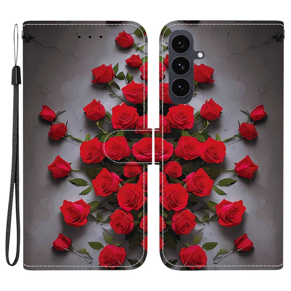 For Samsung Galaxy S25 FE Leather Case Stand Wallet Pattern Printing Phone Cover with Wrist Strap - Red Rose - 1