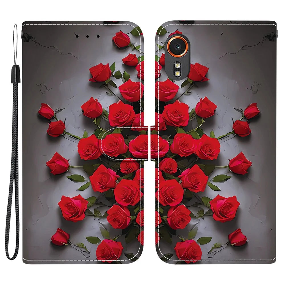 For Samsung Galaxy Xcover7 Leather Case Stand Wallet Pattern Printing Phone Cover with Wrist Strap - Red Rose - 1
