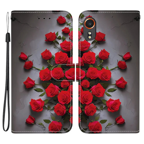 For Samsung Galaxy Xcover7 Leather Case Stand Wallet Pattern Printing Phone Cover with Wrist Strap - Red Rose - 1
