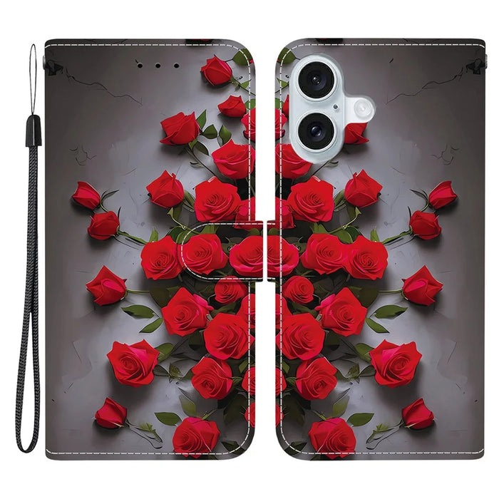 For iPhone 16 Plus Leather Case Stand Wallet Pattern Printing Phone Cover with Wrist Strap - Red Rose - 1