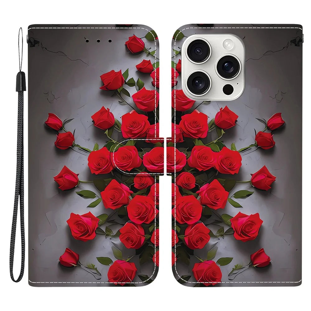 For iPhone 16 Pro Leather Case Stand Wallet Pattern Printing Phone Cover with Wrist Strap - Red Rose - 1