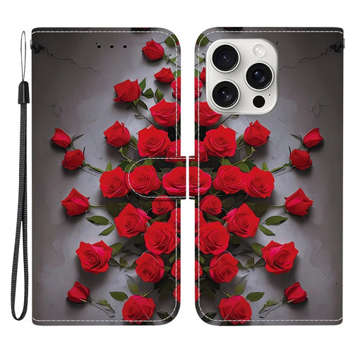 For iPhone 16 Pro Leather Case Stand Wallet Pattern Printing Phone Cover with Wrist Strap - Red Rose - 1